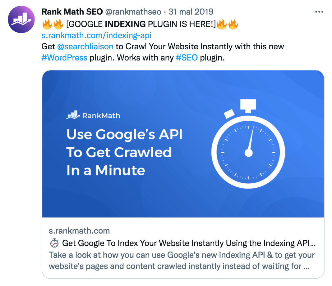 Annonce officielle sur Twitter de la sortie du plugin Rank Math SEO pour l'indexation instantanée via l'API de Google