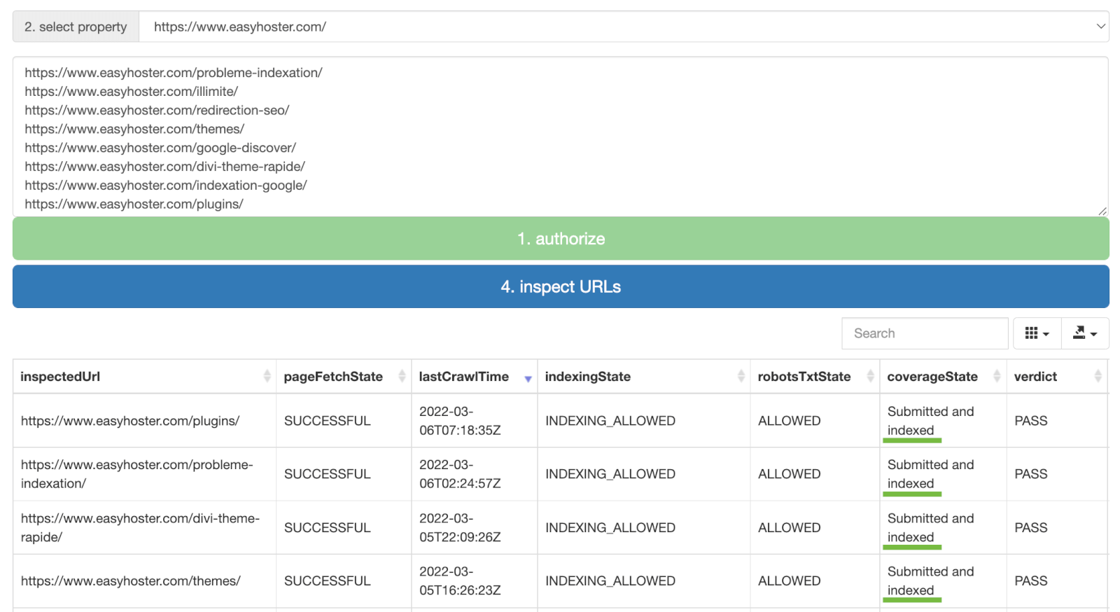 Outil d'inspection massif d'URLs (indexée ou non) via l'API de la Google Search Console