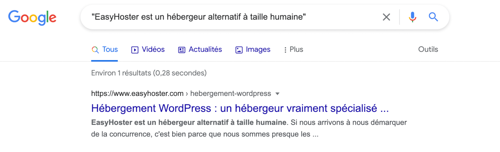 La page Hébergement WordPress EasyHoster est indexée sur Google