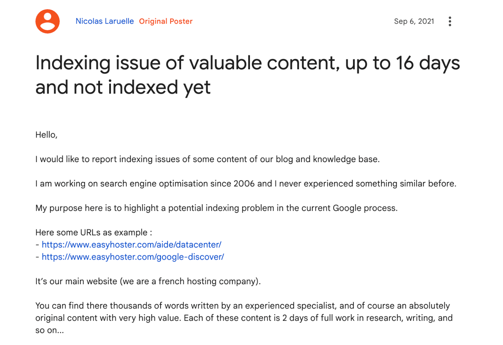 Indexing issue of valuable content, up to 16 days and not indexed yet (en anglais)