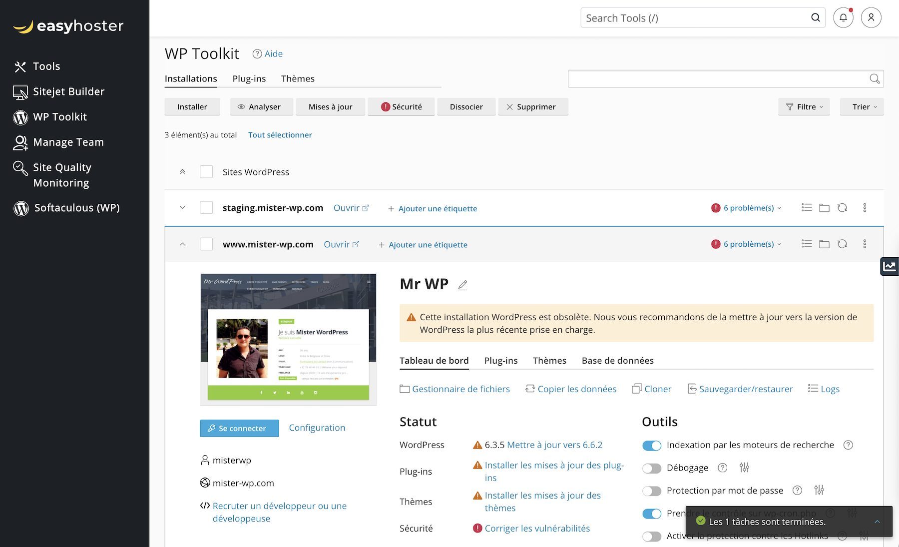 WordPress Toolkit Interface from cPanel and EasyHoster